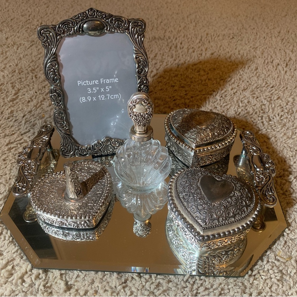 Antique ornate silver vanity set